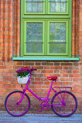 Fototapeta na wymiar pink bike standing by the wall