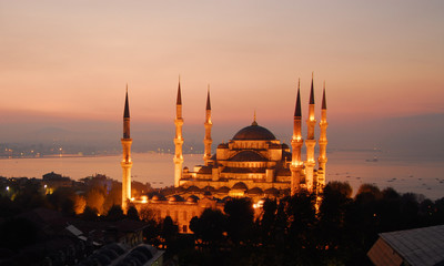 blue mosque sunset