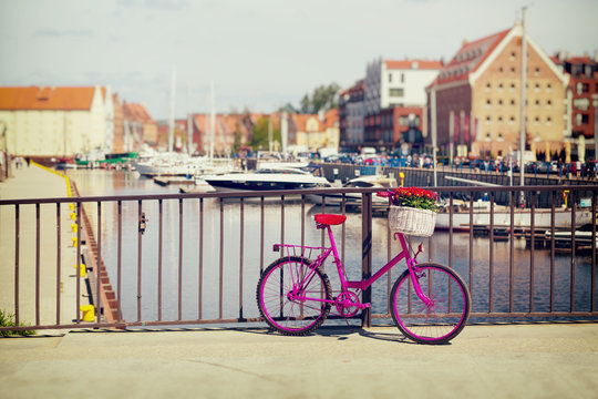 pink bike standing on a bridge