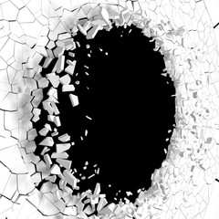 Explosion broken white wall with cracked hole. Abstract background