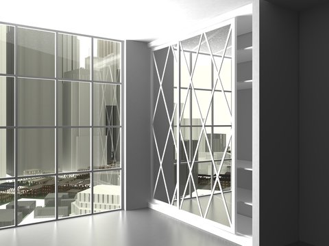 Modern interior design. City landscape in window. 3d rendering illustration.