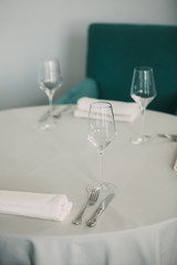 mpty glasses set in restaurant, Setting table in the restaurant, Soft Dreamy Effect, Low Clarity,