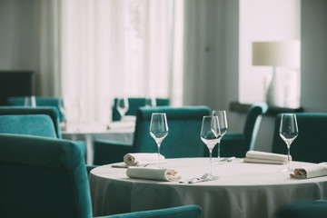 Close up picture of empty glasses in restaurant. Selective focus.