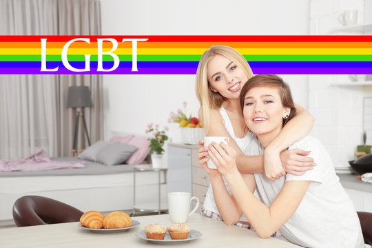 Morning of young lesbian couple at home