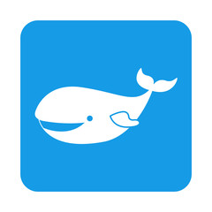 Icono plano ballena en cuadrado azul