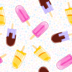 Seamless sweet pattern with popsicles in cartoon style on polka dot background.