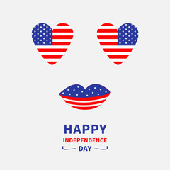 Heart shape american flag icon set. Face with eyes and lips. Star and strip. 4th of July. Happy independence day United states of America. Greeting card. Flat design.