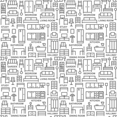 Furniture themed vector seamless outline pattern background 3