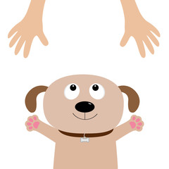 Dog face. Pet adoption. Puppy pooch looking up to human hand, paw print hug. Flat design. Help homeless animal concept. Cute cartoon character. White background. Isolated.