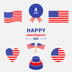 Happy independence day icon set. United states of America. 4th of July. Waving, crossed american flag, heart, round circle shape, cake, badge with ribbons. White background. Greeting card. Flat design