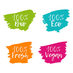 Set of colorful Food Badges. 100% Bio, Eco, Vegan, Fresh. Vector hand drawn labels.