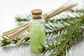 Spruce spa with organic salt in bottles on white table background