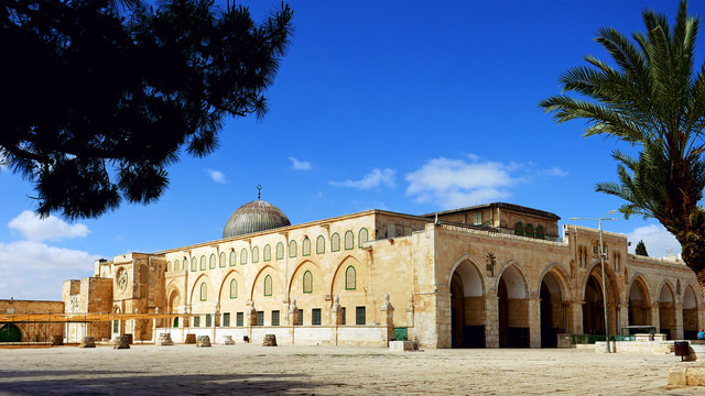 Al-Aqsa Mosque in Jerusalem on the top of the Temple Mount. Al Aqsa mosque is a sacred place for all muslims and islamic people.