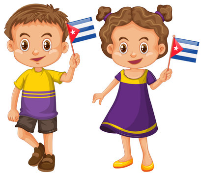 Boy and girl holding flag of Cuba