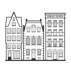 Set of 3 Amsterdam old houses facades. Traditional architecture of Netherlands. Line style black and white vector flat isolated illustrations in the Dutch style. For coloring, design, background.