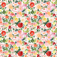 Seamless pattern with bright multicolor floral print and text happy, patterned from abstract summer flowers.