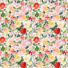 Seamless pattern with bright floral print and word love, text inside floral pattern.