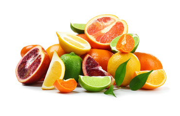 Juicy citrus fruits on white background