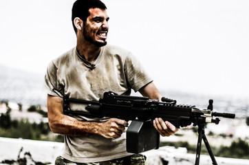Angry machine gunner target and fire