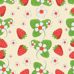 Strawberry pattern on a light background. Seamless pattern of berries, leaves and strawberry flowers. Market of farmers, packing of products.