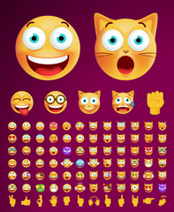 Set of Cute Emoticons on Black Background. Isolated Vector Illustration