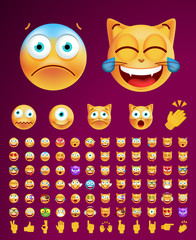 Set of Cute Emoticons on Black Background. Isolated Vector Illustration