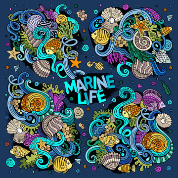 Colorful set of marine life objects