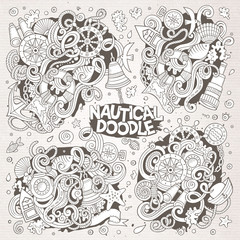 Set of marine, nautical doodle designs