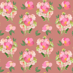 Fototapeta na wymiar Seamless pattern with bouquets of flowers roses and peony on a pink background.