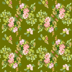 Seamless pattern with flowers peonies, mimosa and deciduous branches on a green background.