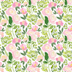 Abstract bouquet of roses, green foliage, blank to seamless pattern