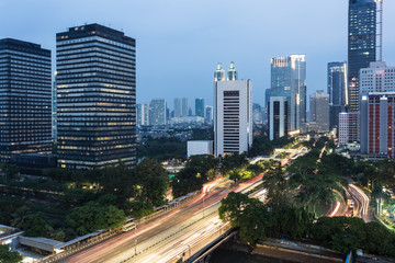 Fototapeta na wymiar Traffic rush in Jakarta at night