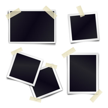 Vector Collection of blank photo frames sticked on duct tape to white background. Template mockups for design.