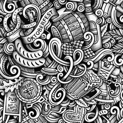 Cartoon hand-drawn doodles Octoberfest seamless pattern