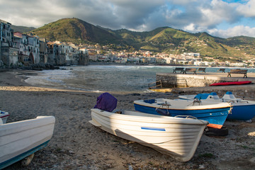 Touristic and vacation pearl of Sicily, boats in small town of Cefalu, Sicily, south Italy