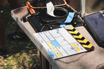 behind the scene, close up of Film Slate on set