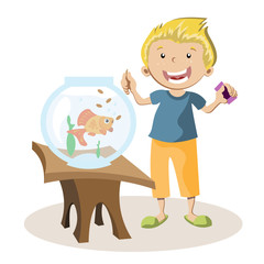 Boy feeding little fish in their fish tank