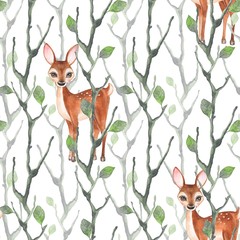 Watercolor  seamless pattern with fawn and trees