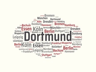Obraz premium Dortmund - Bilder mit Wörtern aus dem Bereich Deutsche Städte, Wortwolke, Würfel, Buchstabe, Bild, Illustration