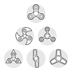 Set of line icons. Finger hand spinner different form. Vector illustration. 
