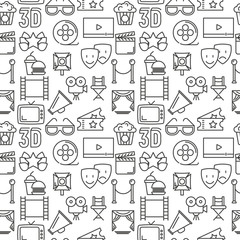 Cartoon cinema seamless pattern with thin line icons. Movie vector illustration for background.