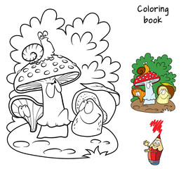 Mushrooms and snail. Coloring book. Cartoon vector illustration