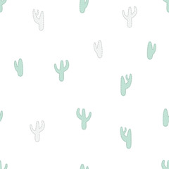 Silhouettes of Green Cactus with dotted line in white background. Seamless vector hand drawn pattern in doodles style.