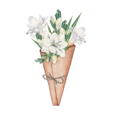 Watercolor floral bouquet. Ideal for festive decoration and wedding invitation cards. Hand-drawing. Isolated on white