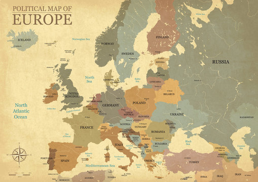 Map of Europe with capitals - Vintage texture - English/US language - Vector CMYK