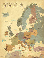Obraz premium Mapa Europy z literami - Vintage tekstury - język angielski / amerykański - wektor CMYK