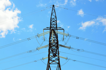 Electrical transmission pylon. High voltage. Blue sky background. - 158140569
