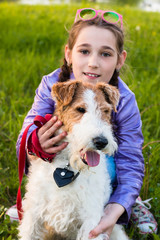 Fox terrier with beautifull dog. Muzzle dog. Best friend for people, for children. Friedship concept.