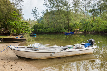 Naklejka na ściany i meble The small boat parked in a small canal at the mangrove forest.Thailand.