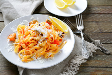 Tasty pasta with seafood on a plate